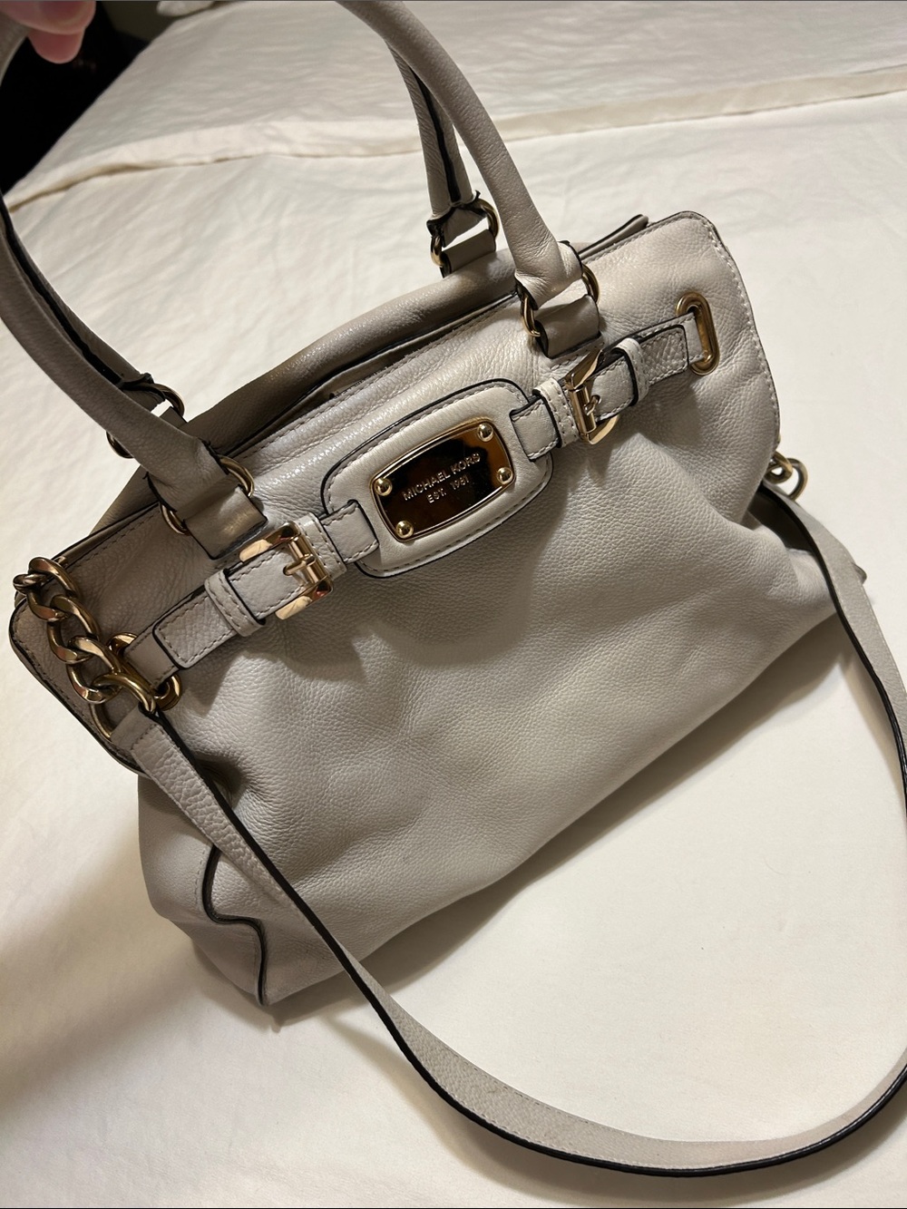Michael Kors Pebbled Leather Satchel in Light Beige with Gold Hardware